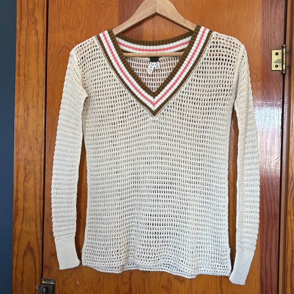 Free People We The Free Open Knit Crochet V Neck Varsity Sweater Size XS